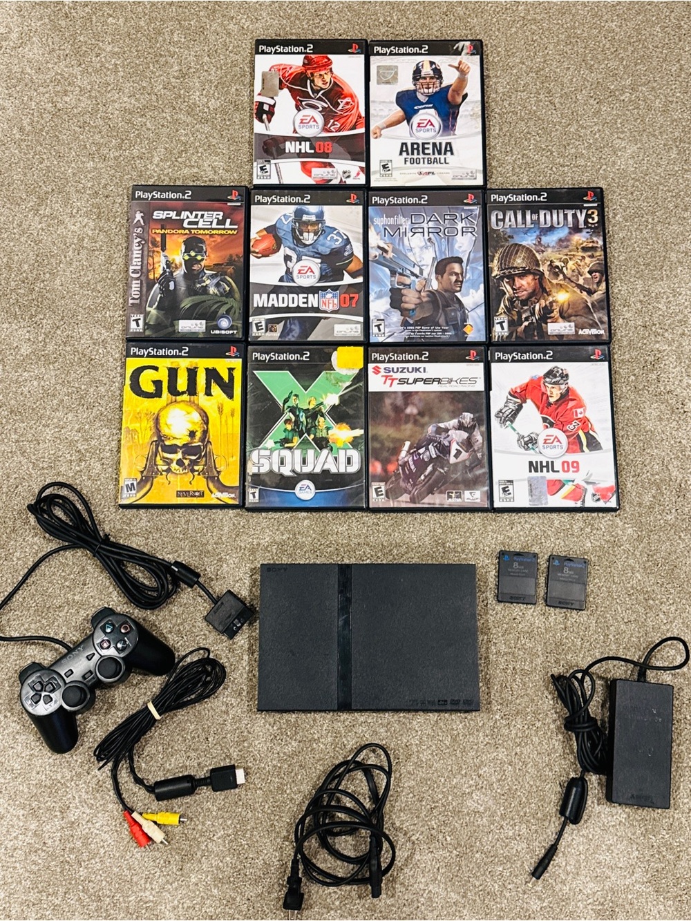 PS2 Slim Black Console SCPH-75001 Controller 2 Memory Cards 10 Games Bundle
